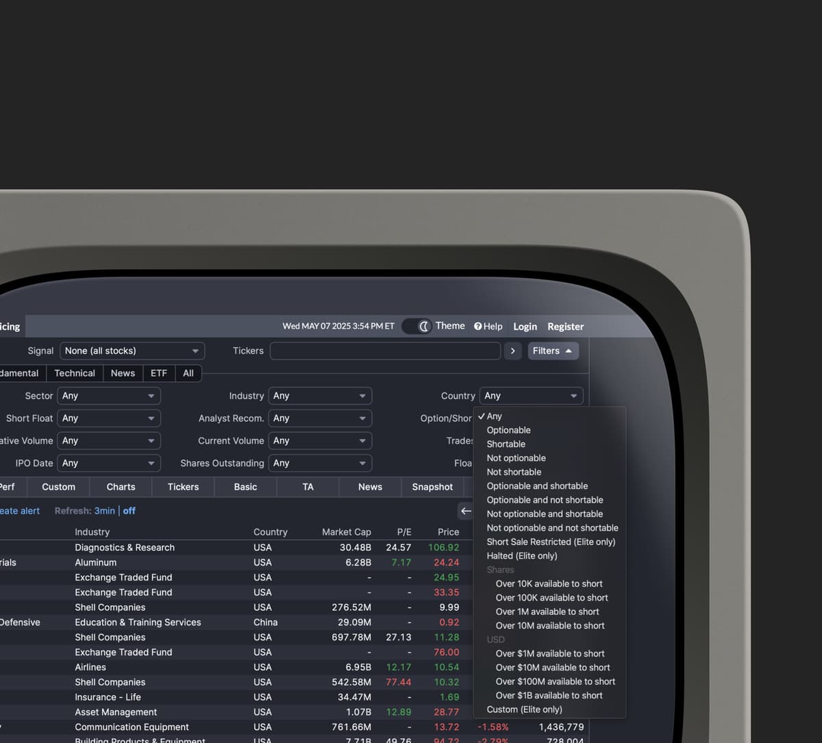 Traditional stock screener interface with many complex filters and dropdowns.